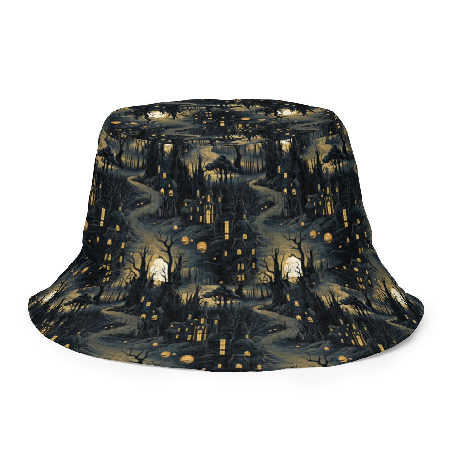 Reversible Bucket Hat Halloween Haunted House and Pumpkin Patch