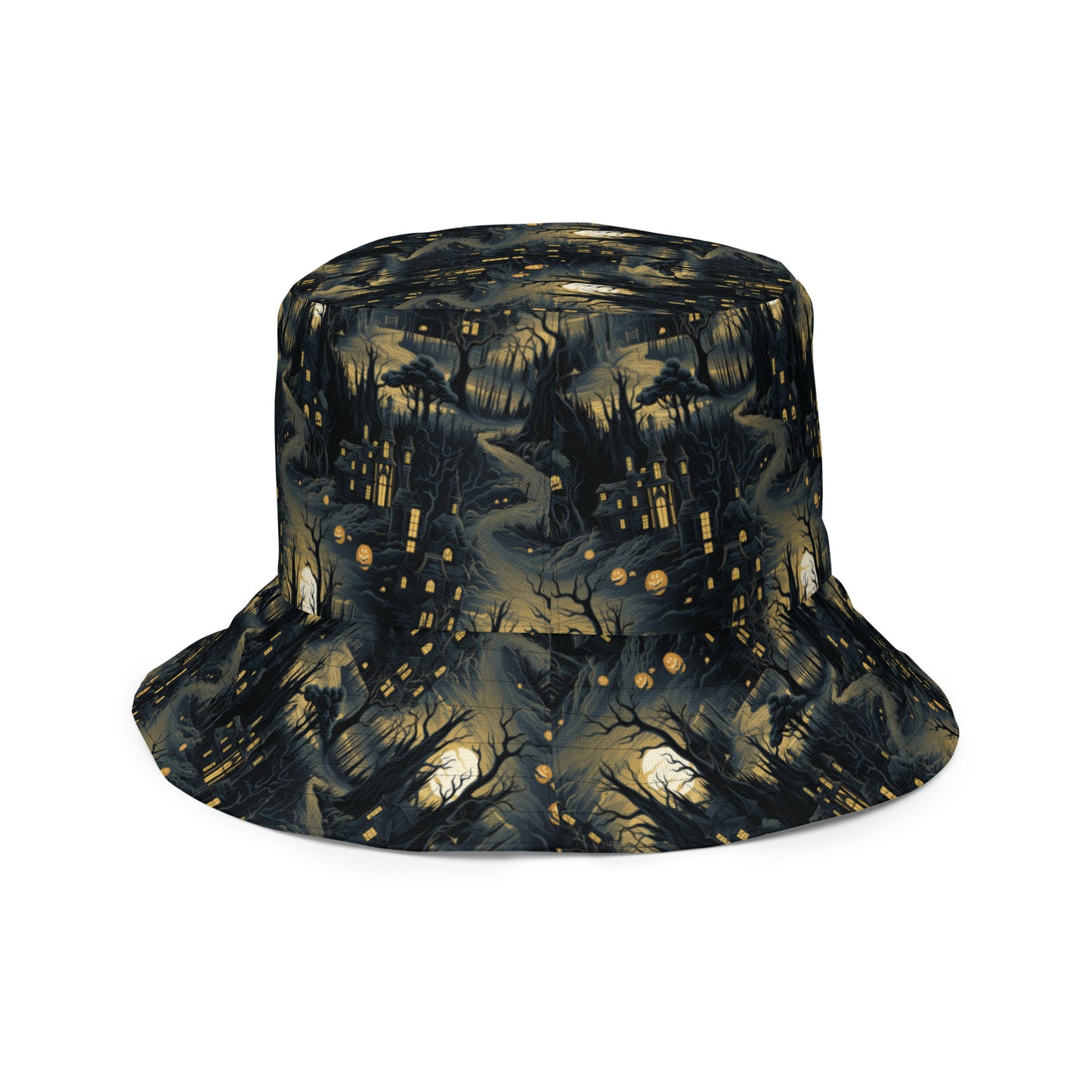 Reversible Bucket Hat Halloween Haunted House and Pumpkin Patch