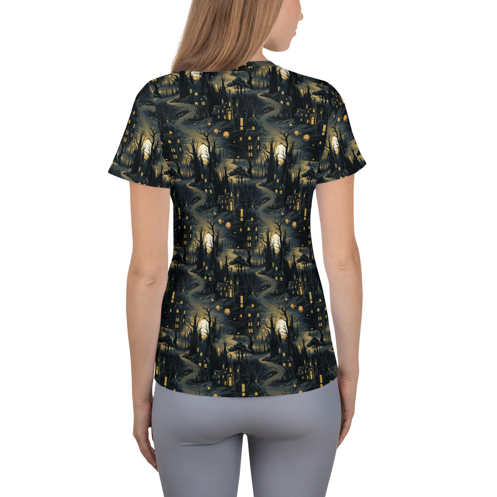 Women's Athletic T-shirt Halloween Haunted House