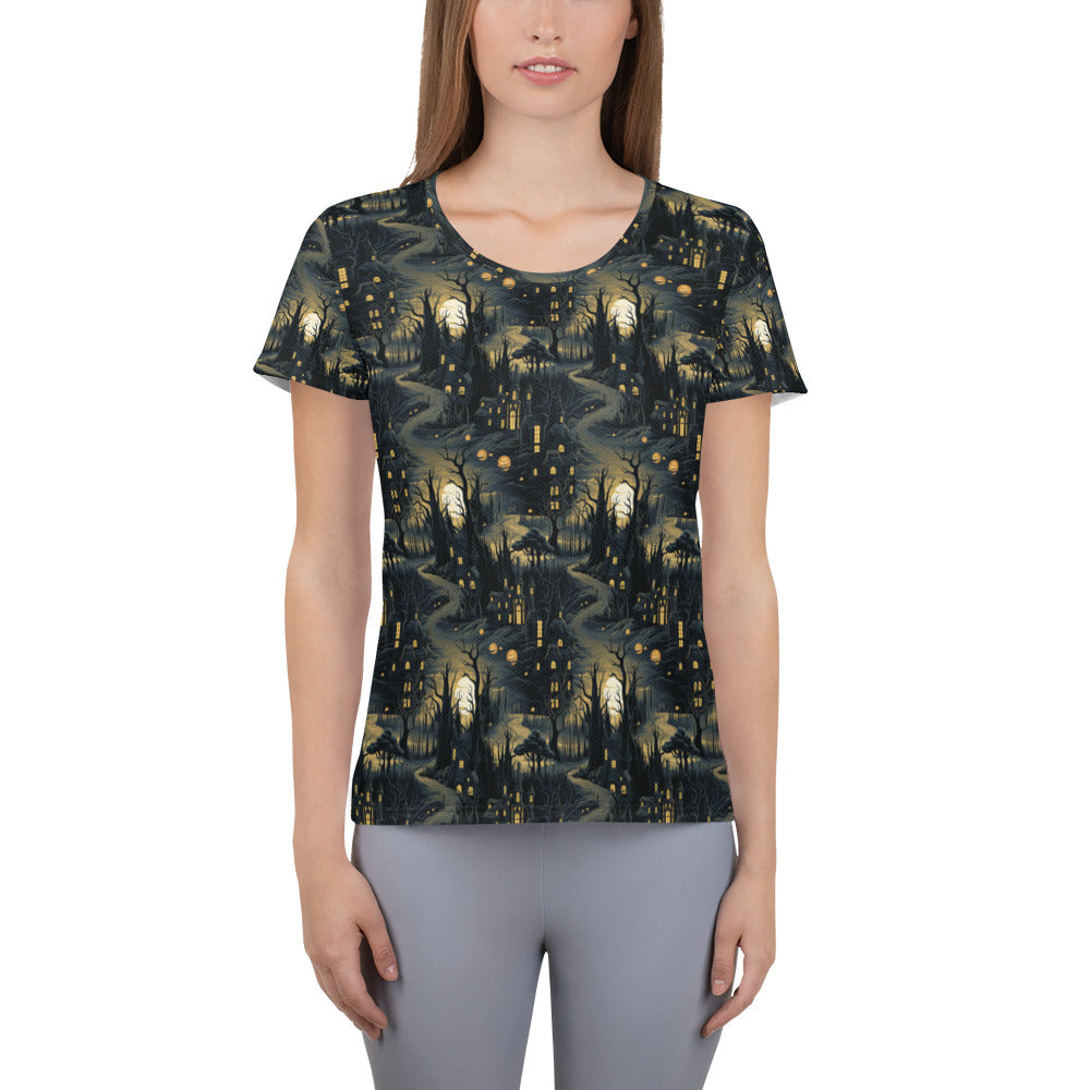 Women's Athletic T-shirt Halloween Haunted House