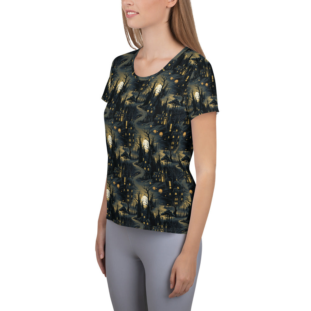 Women's Athletic T-shirt Halloween Haunted House