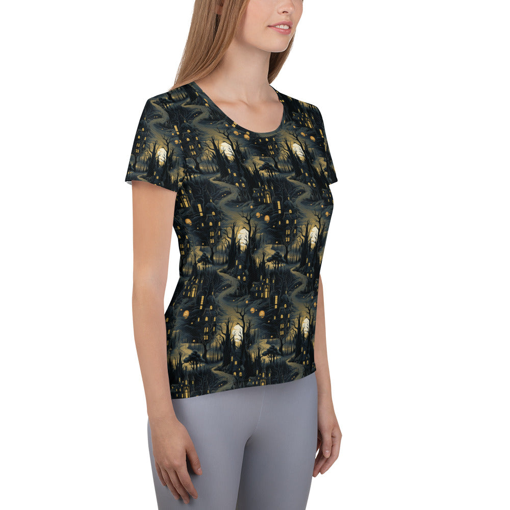 Women's Athletic T-shirt Halloween Haunted House