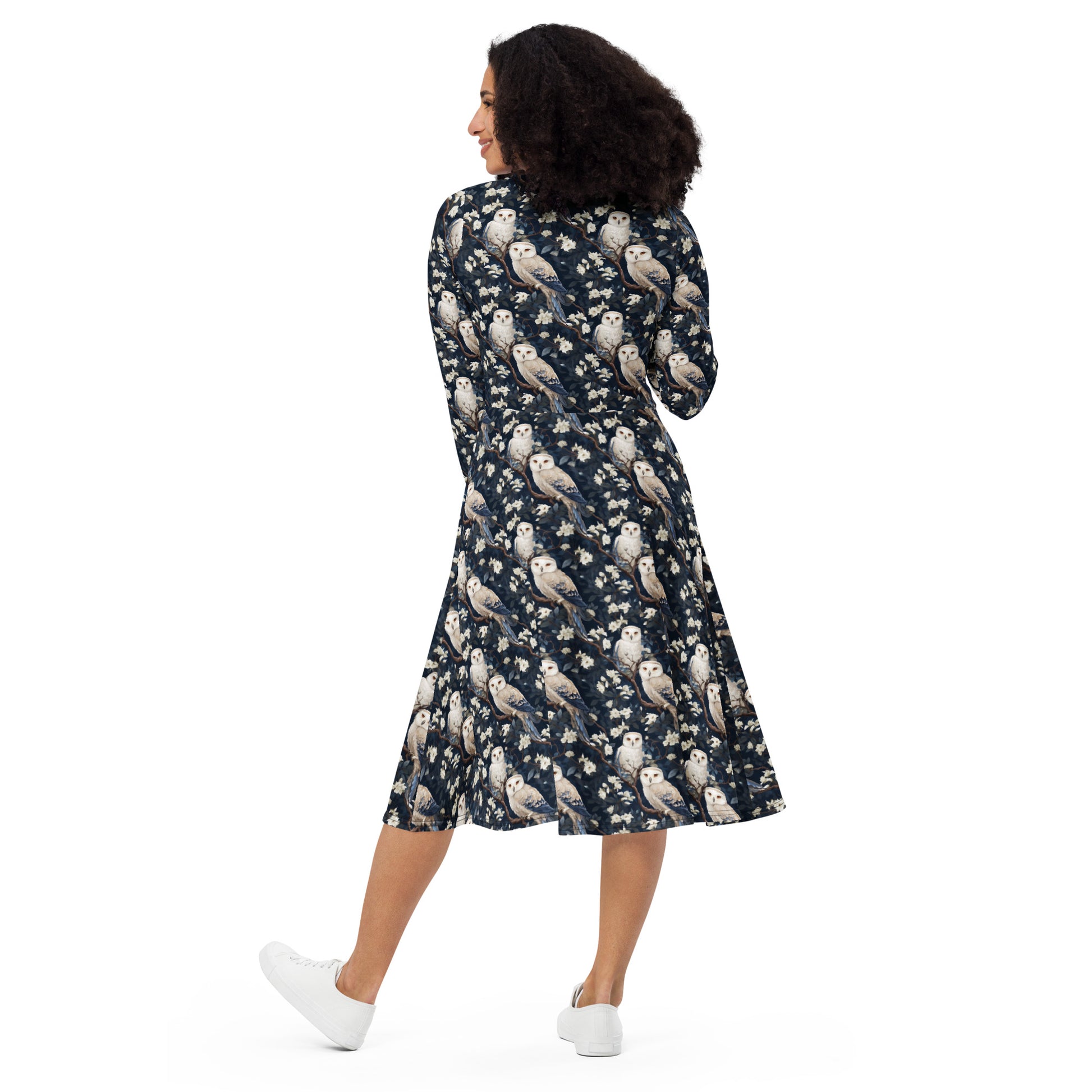 Long Sleeve Mid Dress Winter Fashion Snowy Owl #2b XS Long Sleeve Mid Dress Winter Fashion Snowy Owl #2b XS