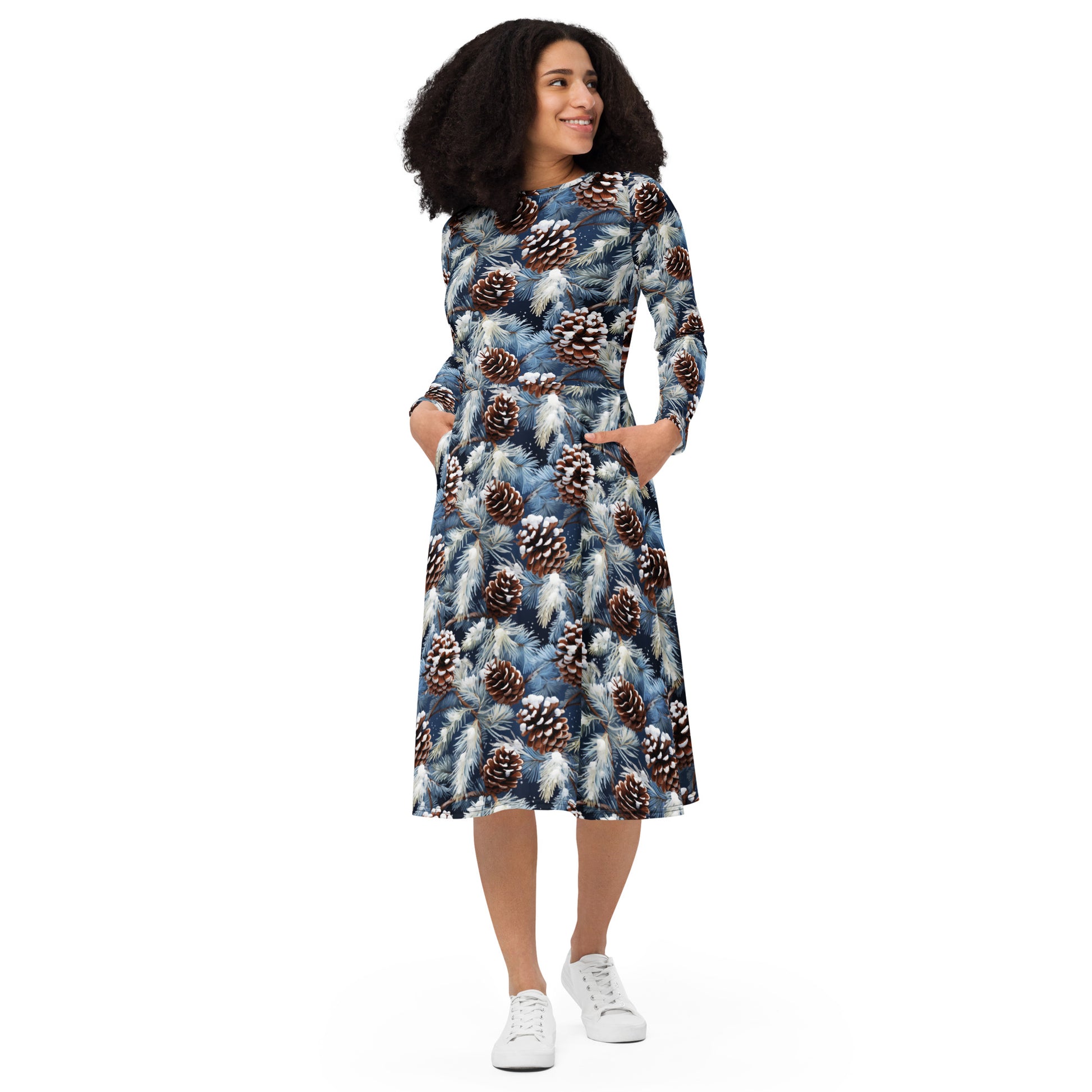 Long Sleeve Mid Dress Winter Fashion Frosty Pinecone #3 S Long Sleeve Mid Dress Winter Fashion Frosty Pinecone #3 S