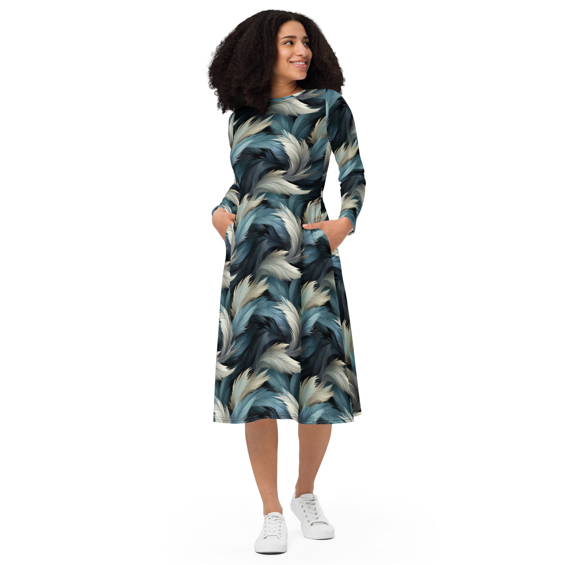 Long Sleeve Mid Dress Winter Fashion Metallic Feather #4 2XS Long Sleeve Mid Dress Winter Fashion Metallic Feather #4 2XS